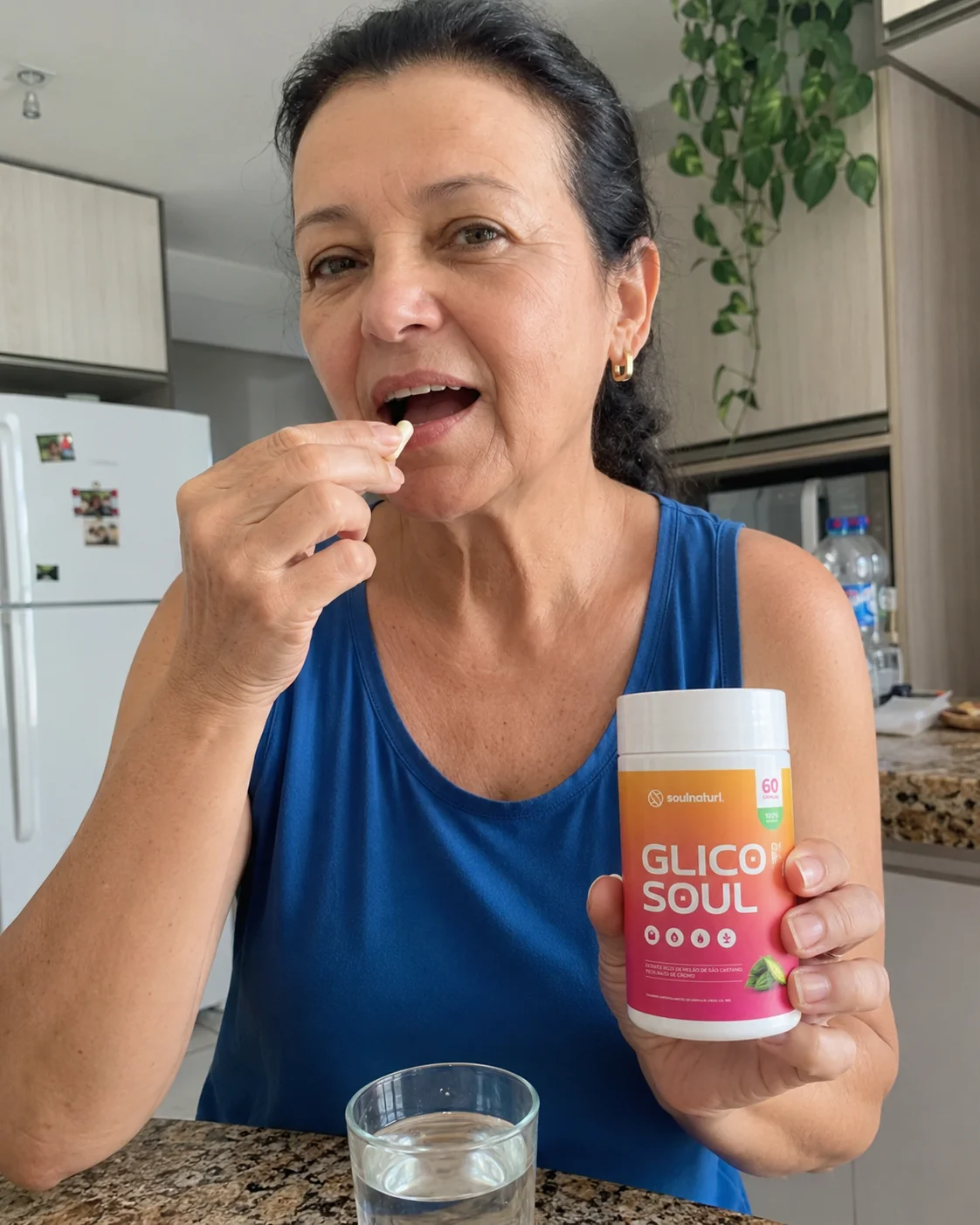 Mulher tomando cápsula do GlicoSoul com um copo d'água